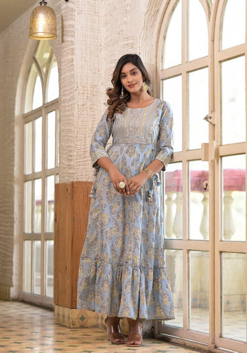 Varanga Women Blue Ethnic Motif Mirror Wor Embroidered Yoke tiered Dress